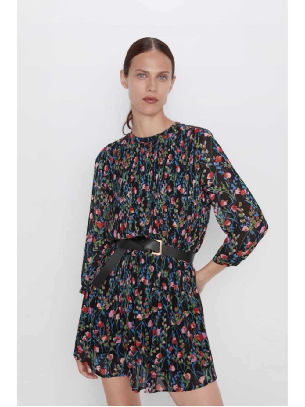 Zara Floral Longsleeves Pleated Flowy Fully Lined Summer Mini Dress Womens Small